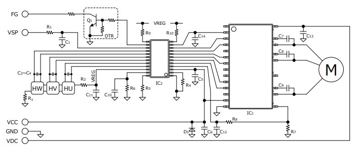Application Circuit Diagram - ROHM Semiconductor BM624xFS 3-Phase Fan Motor Drivers